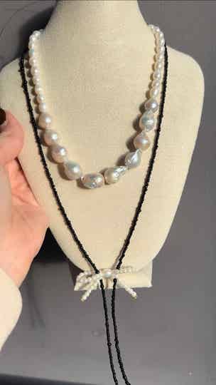 Parel strik ketting zwart