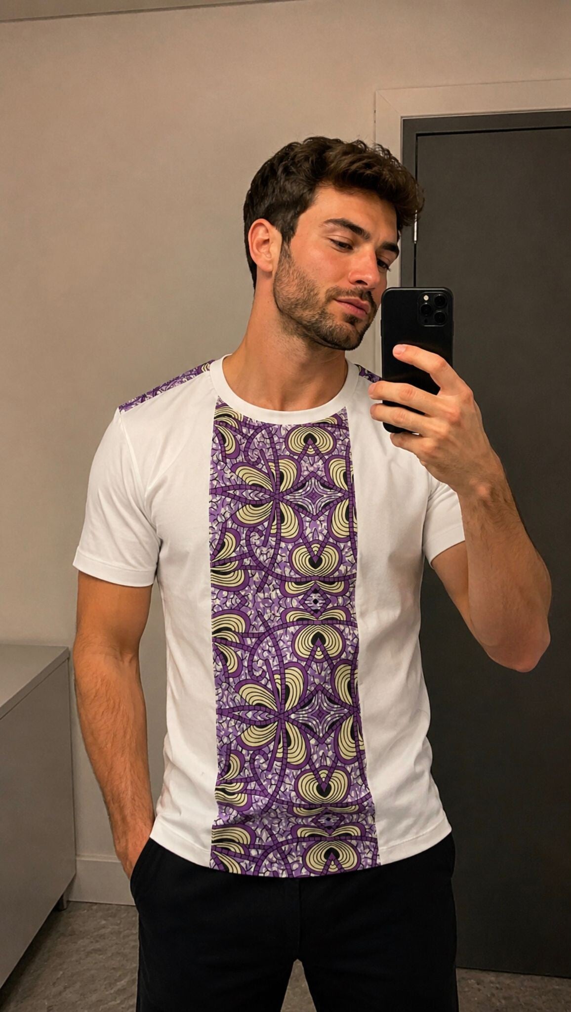 T- Shirt blanc avec empiècement wax