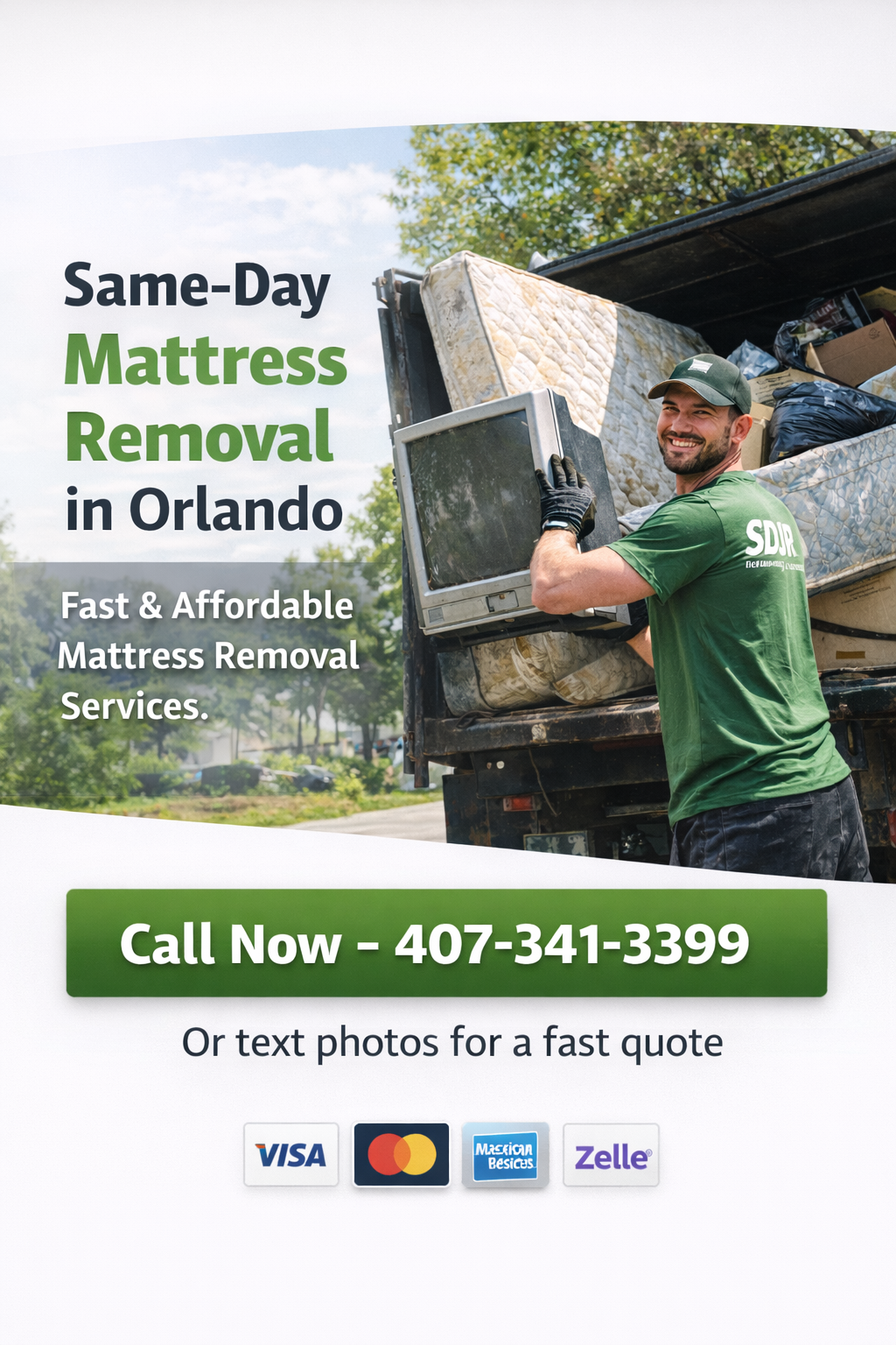 Professional same-day mattress removal in Orlando by SDJR. Fast, affordable junk removal service hauling old mattresses with responsible disposal.