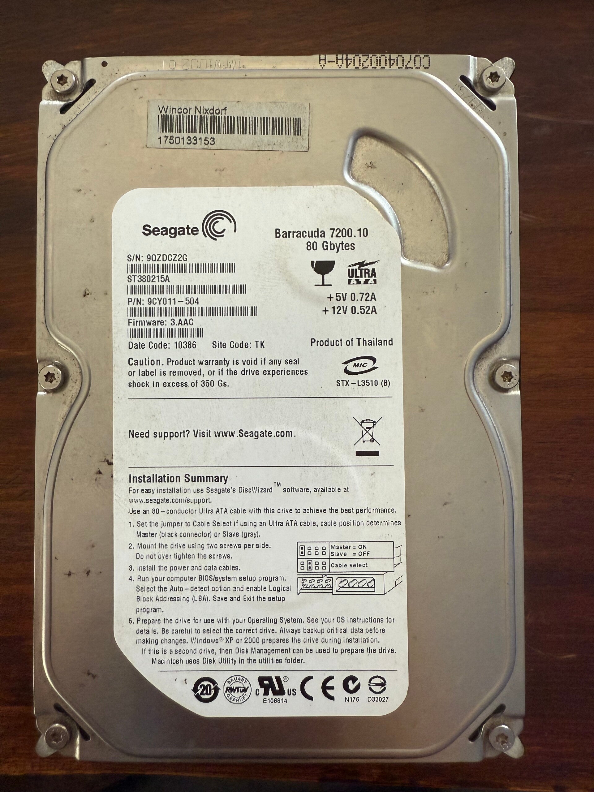 disque dur Seagate barracuda 80gb