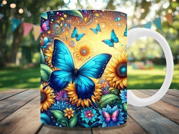 Blauwe vlinder en zonnebloemen mok