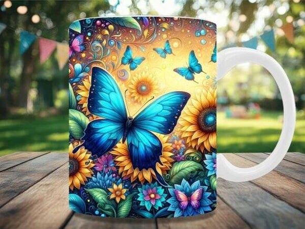 Blauwe vlinder en zonnebloemen mok