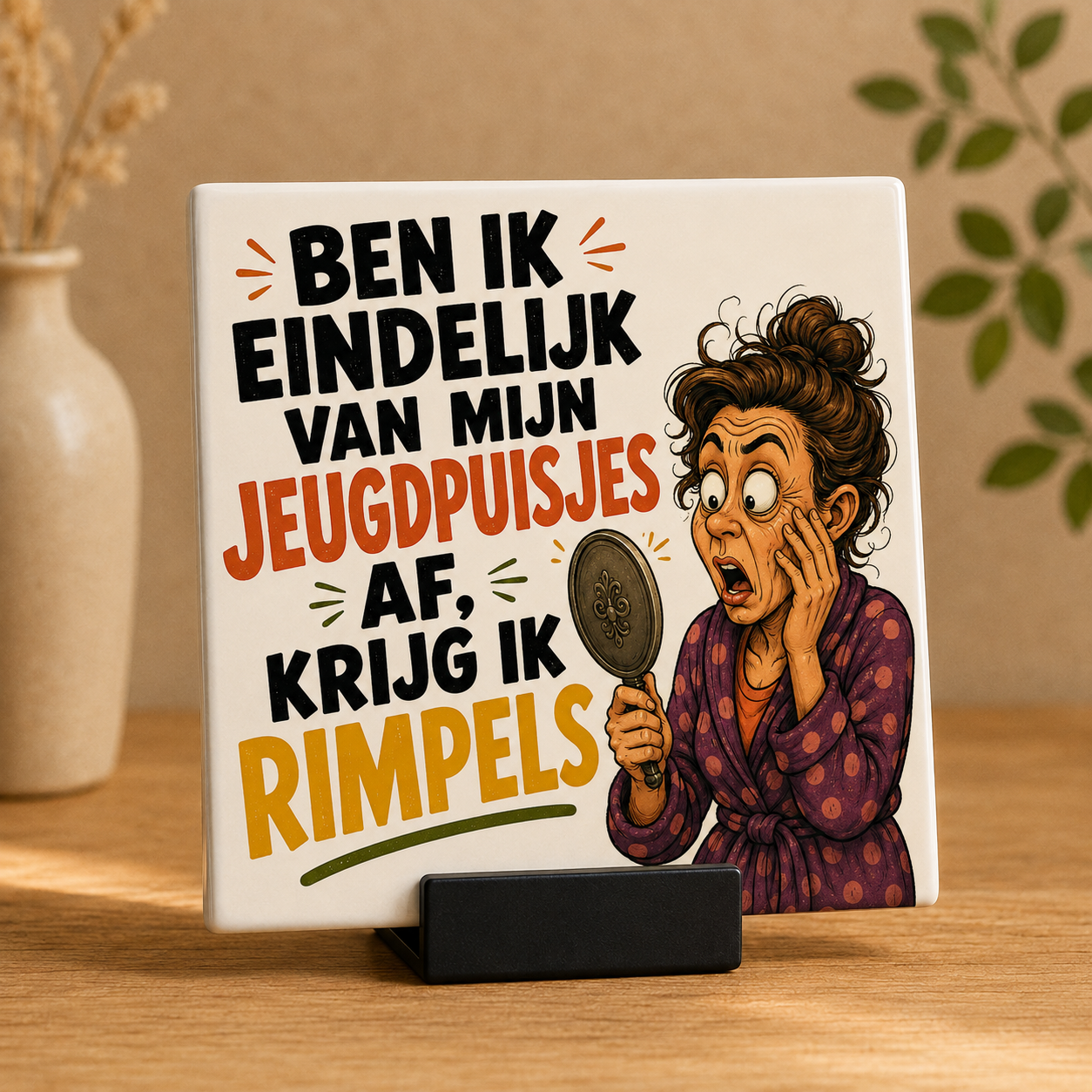 Van jeugdpuistjes naar rimpels – Grappig tegeltje 15 × 15 cm