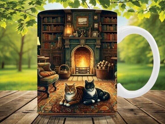 Cozy Library Cats mok – Katten bij de open haard