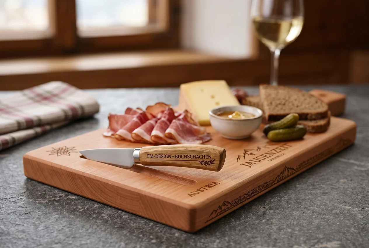 personalisiertes graviertes Jausenbrett mit Messer niederösterreich steiermark burgenland fm-design
