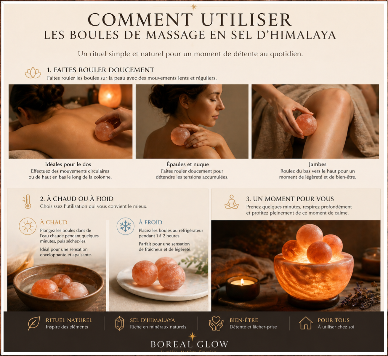 Comment utiliser les boules de massage ? Les boules de massage en sel d’Himalaya s’utilisent simplement, selon vos envies et vos besoins.  Faites-les rouler doucement sur la peau pour un moment de détente Idéales pour le dos, les épaules, la nuque ou les 
