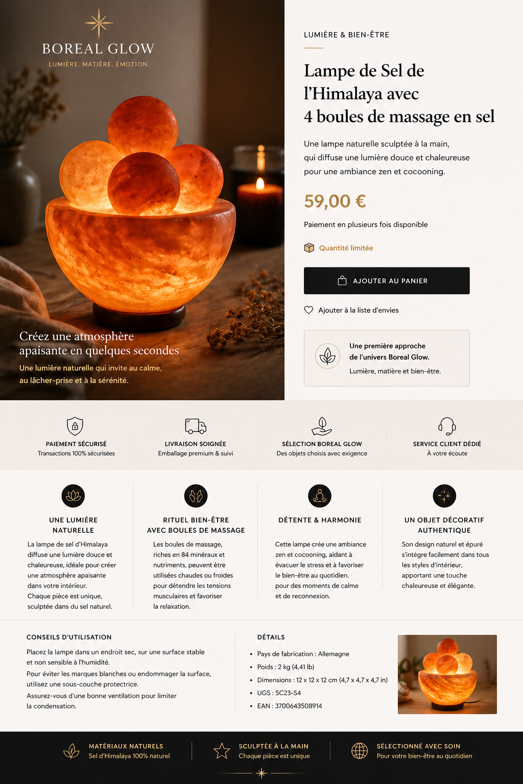 La lampe de sel d’Himalaya, reconnue pour sa lumière douce et enveloppante, s’intègre parfaitement dans une décoration naturelle et zen. Idéale pour instaurer une atmosphère relaxante, elle accompagne vos moments de détente au quotidien et apporte une tou