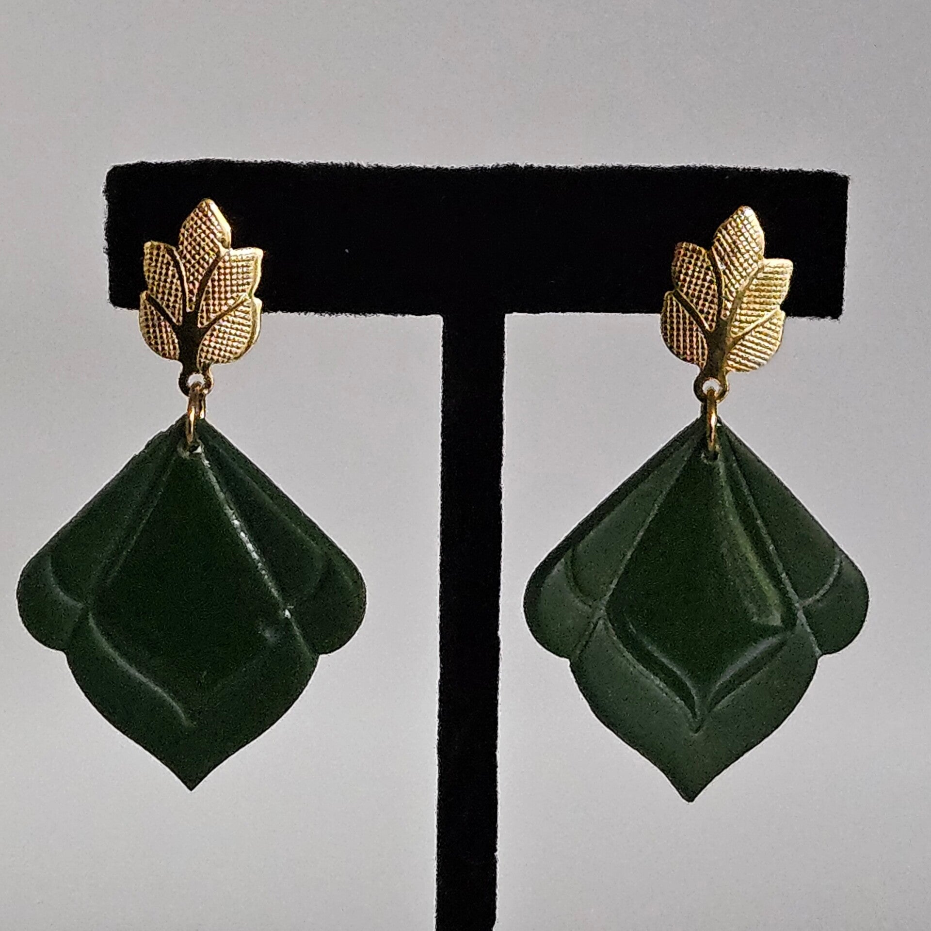 boho marok oorhangers met brede blaadjes stud in RVS (PMK BL donkergroen)