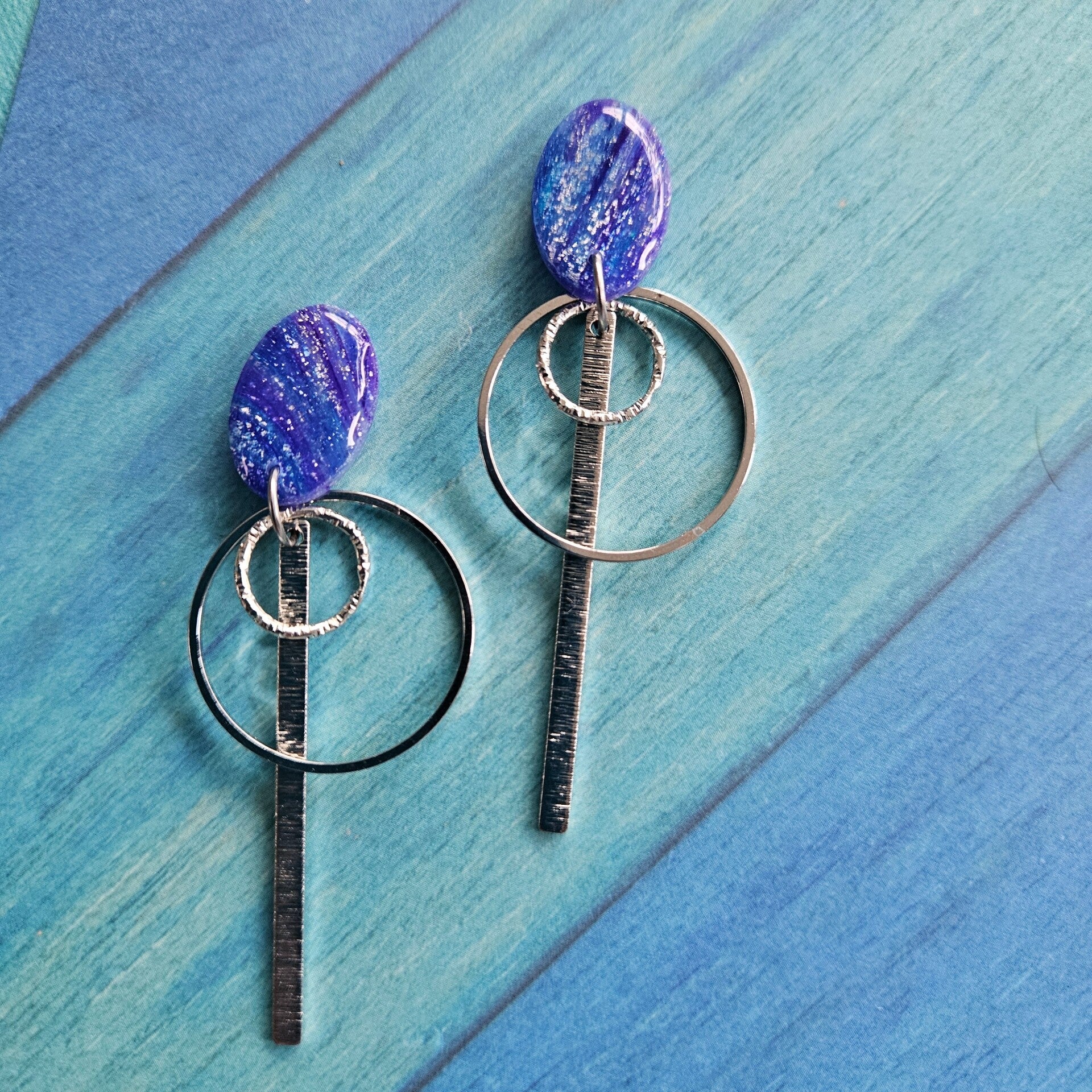 lange oorhangers met ovalen studs, 2 ronde cirkels en smal staafje - 2 versies (RVS oorstekers) (PMK Nungwi-twilight)