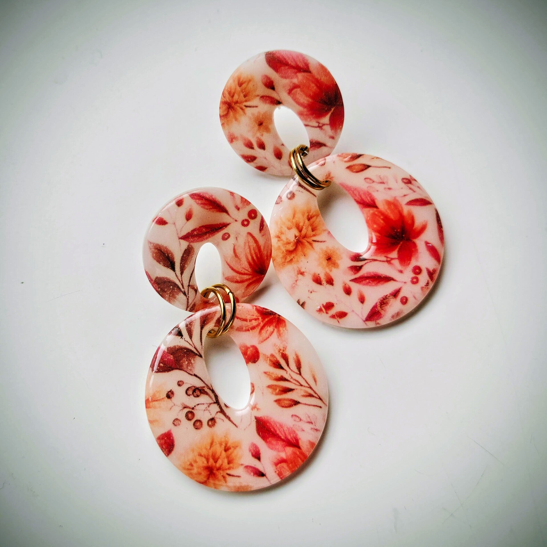 oorhangers dubbele donut rond met 2 ringetjes (RVS oorstekers) (PMK English cottage - orange autumn)