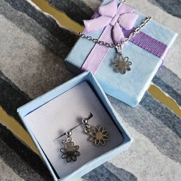 Geschenkdoosje Rosalie: 1 paar zilverkleurige korte oorhangers met bijhorende halsketting (alles in RVS)