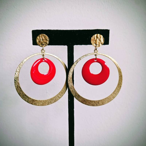 XL statement ronde oorhangers met getextureerde ronde studs in RVS (email, messing, goud)