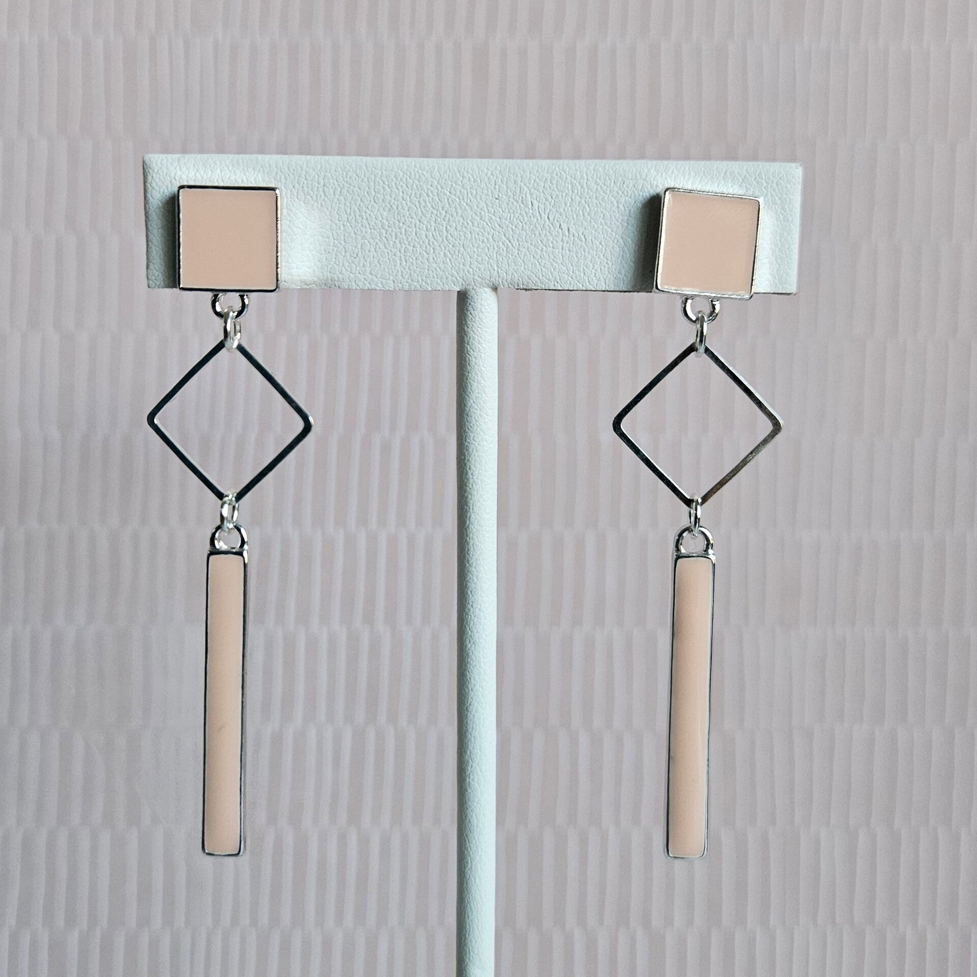 lange oorhangers met staafje, vierkante connector en vierkante stud - luxe-editie (zilver, emaille)