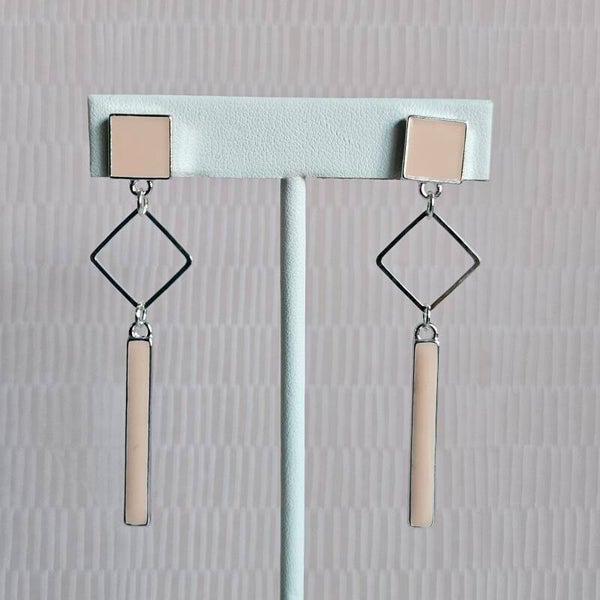 lange oorhangers met staafje, vierkante connector en vierkante stud - luxe-editie (zilver, emaille)