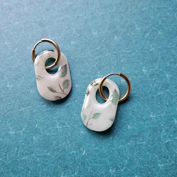 1 paar Mix&Match bedels brede ovaal Clay&Combo Colette (PMK English cottage-green roses) (RVS) (exclusief oorringen!)