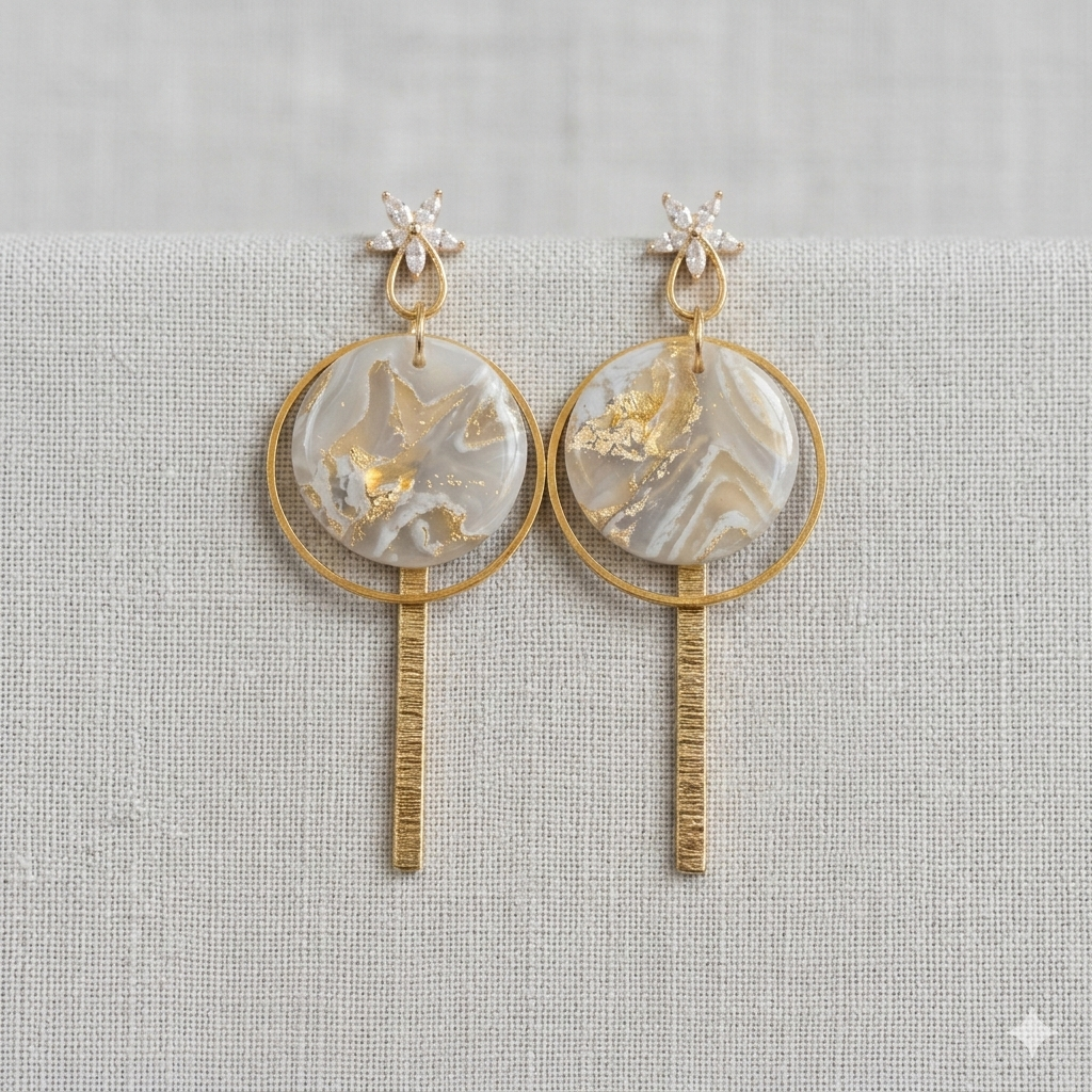 ronde oorhangers met cirkel en staafje  (PMK MALOJA-snow&sunbeam) (goudkleurige bloemenoorstekers met zirkoontjes)