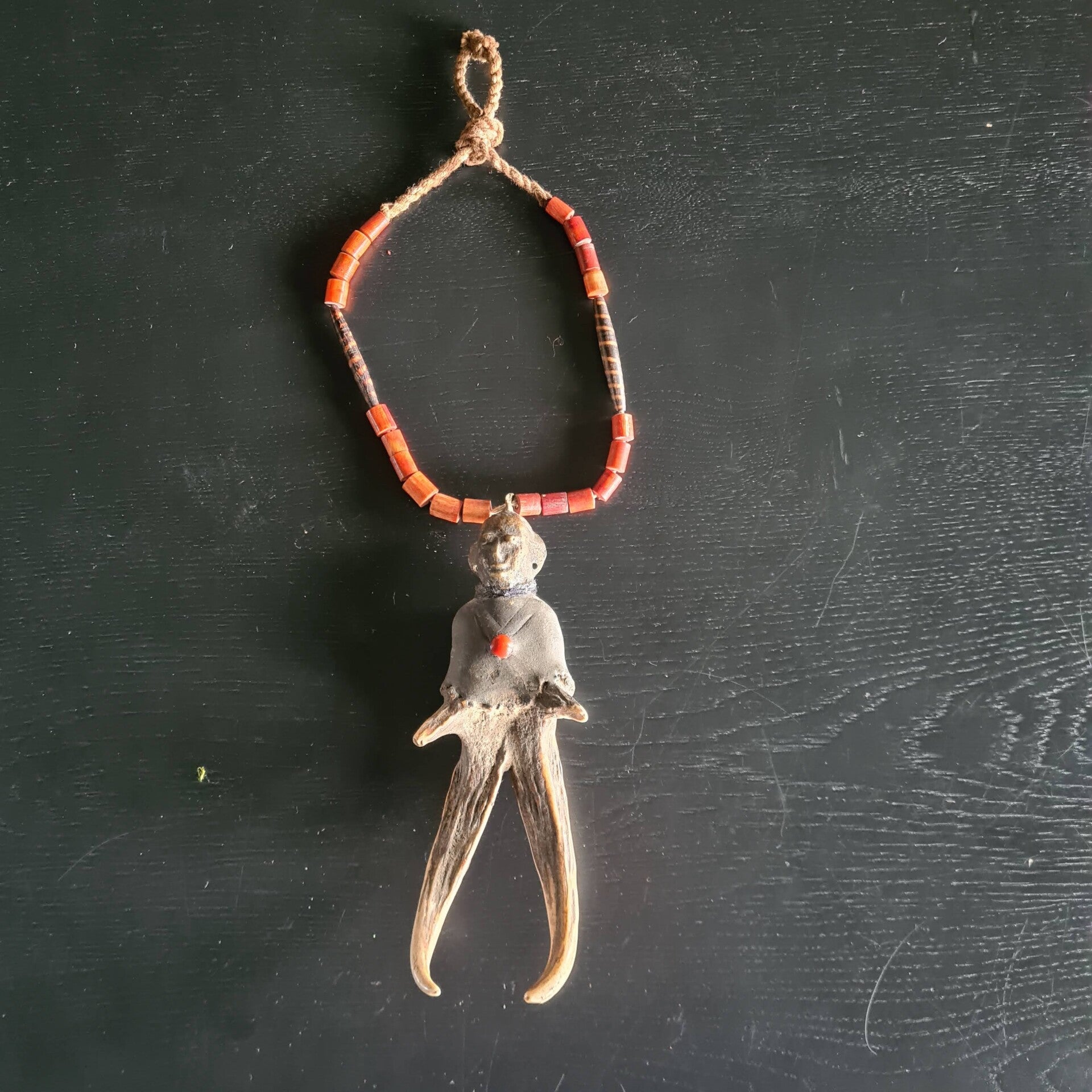 Authentic Vintage Konyak Nagaland Tribal Deer Bone Amulet Necklace (#721)