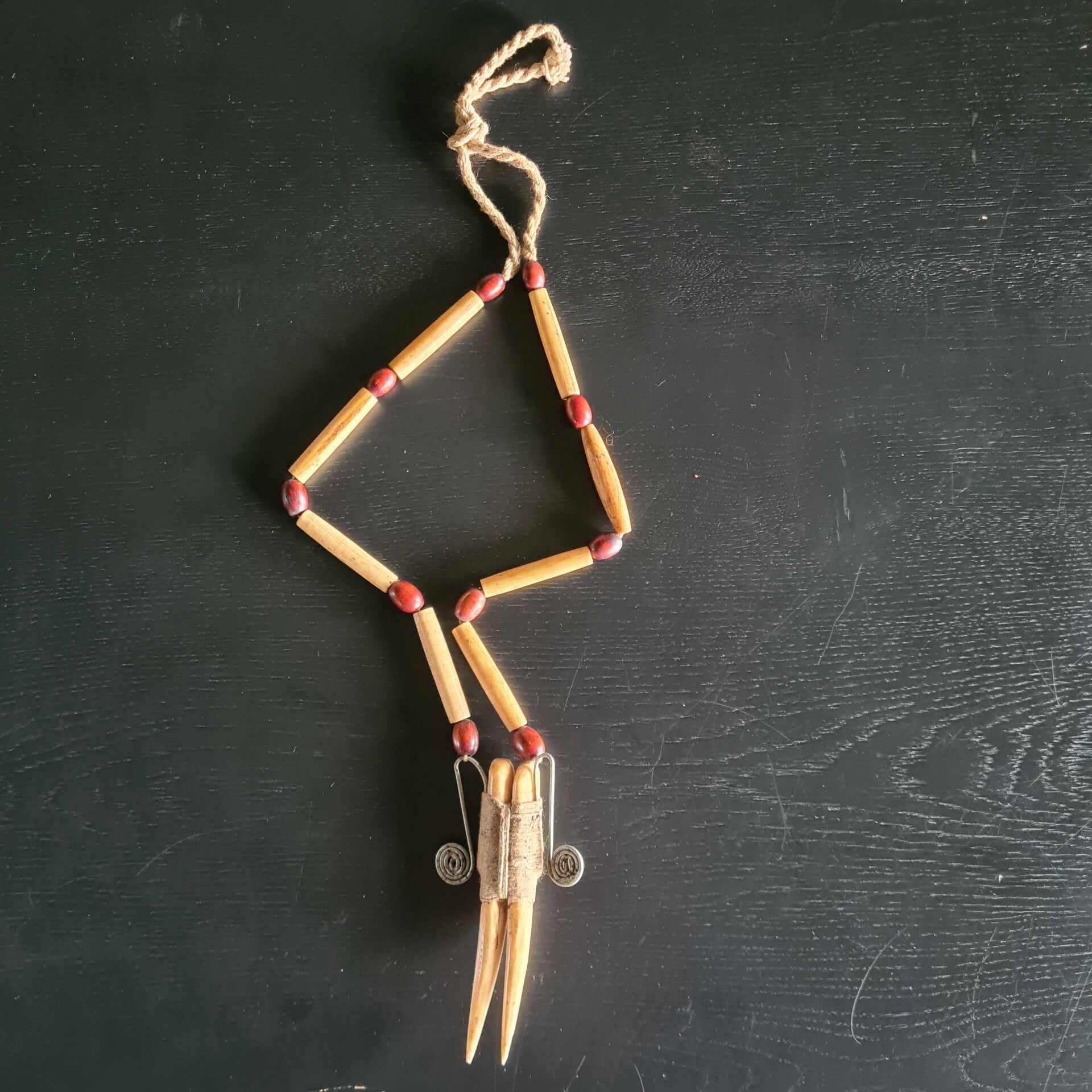 Authentic Vintage Konyak Nagaland Tribal Tiger Teeth Amulet Necklace wit Bone beads (#731)