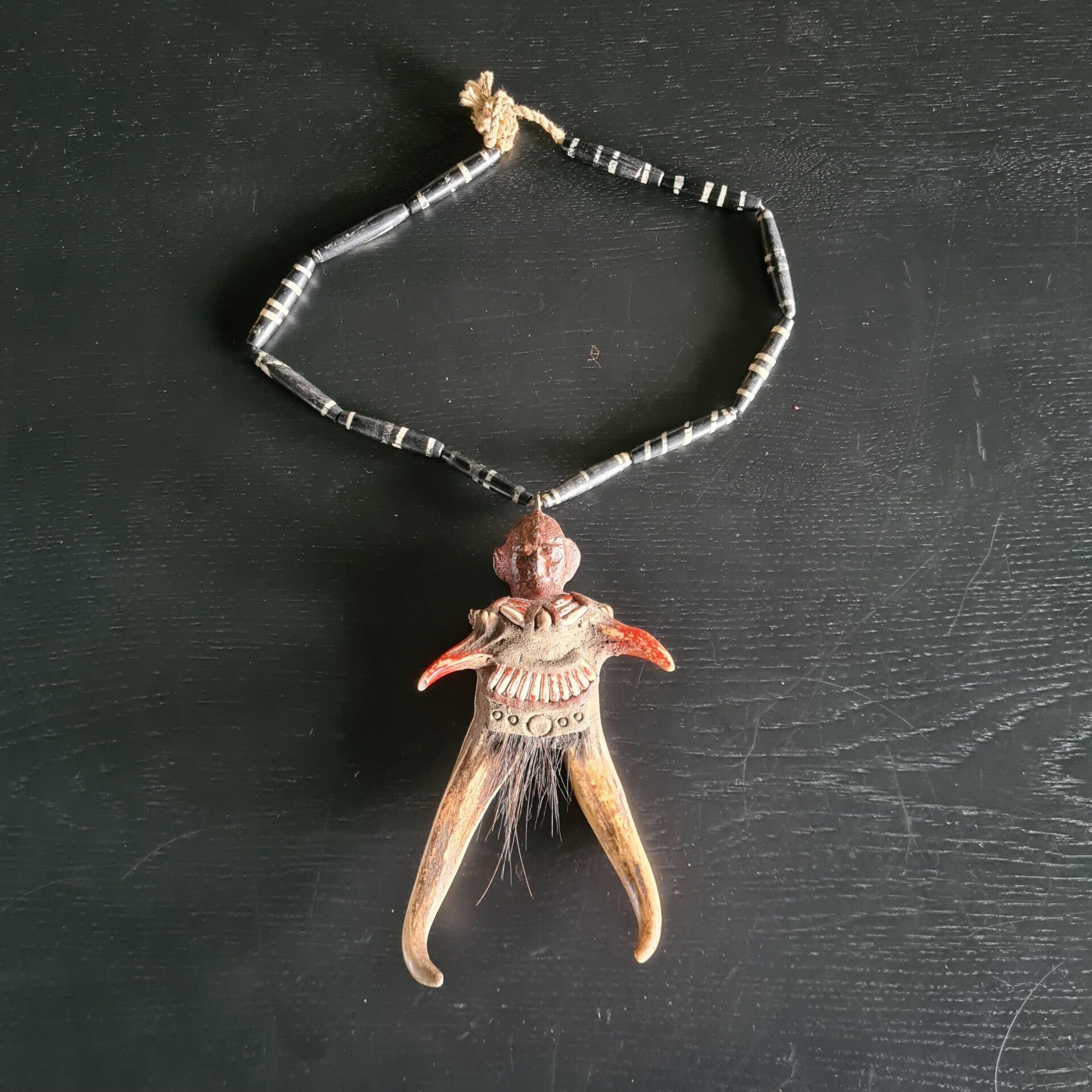 Authentic Vintage Konyak Nagaland Tribal Deer Bone Amulet Necklace red  beads (#720)