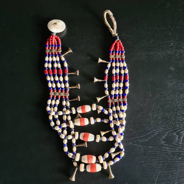 Antique Naga Necklace five-strand glass beads with bronze bells (#730)