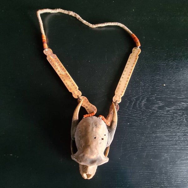 Old necklace with monkey skull enhanced with horns (#571)