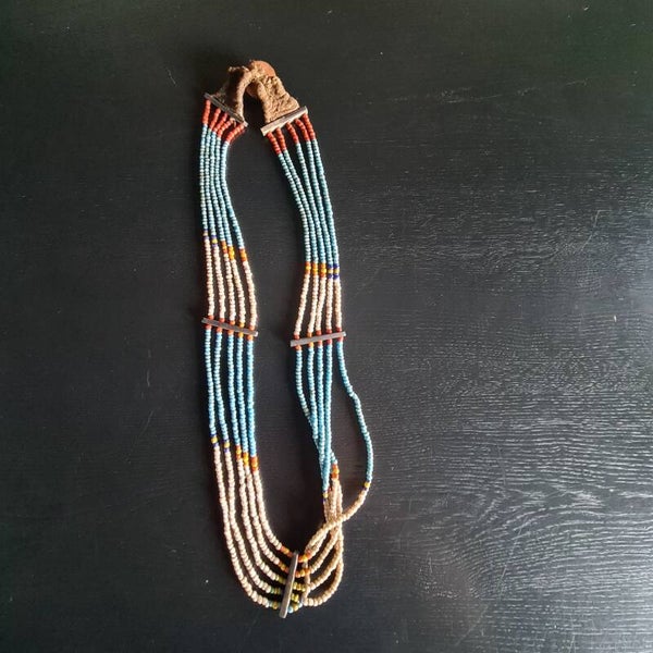 Antique Naga Tribal Bead Necklace with small Blue/White glass beads (#781)