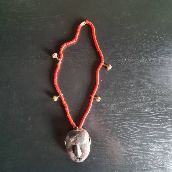 Antique Naga Tribal Bead Necklace with four brass bells and wooden Head (#703)