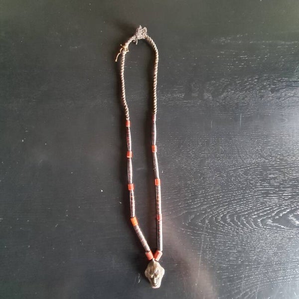 Black/Red Bead Necklace with a small brass head pendant (#742)