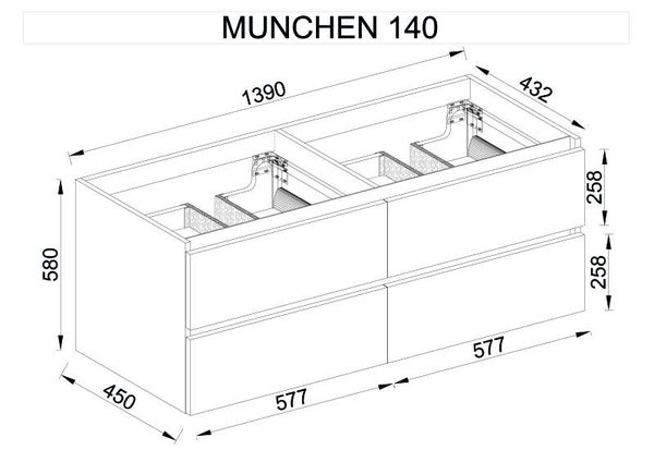 Munchen 140cm Wastafelmeubel / Hoogglans Wit