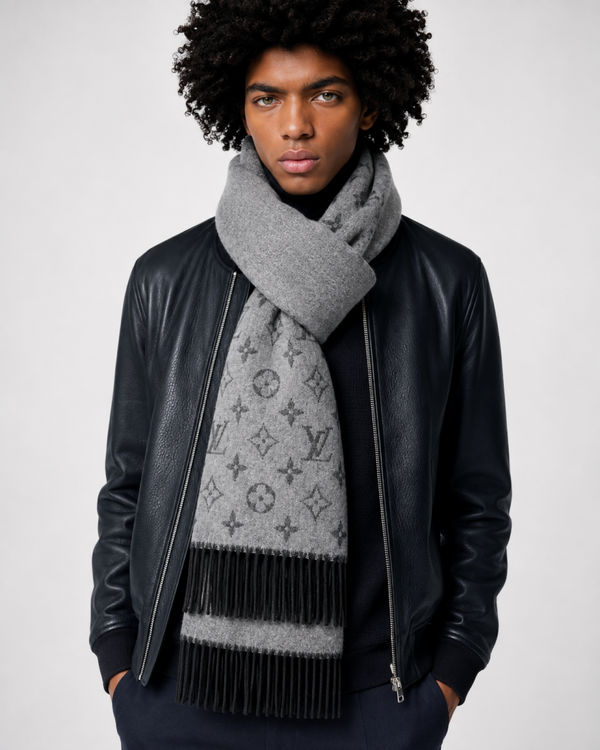 Louis Vuitton – Écharpe Monogram en laine et cachemire gris