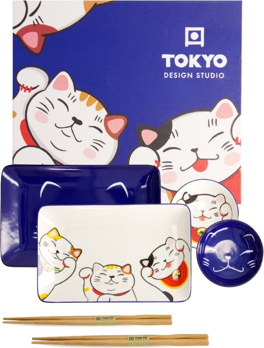 Tokyo Design Studio - Kawaii - Lucky Cat - Sushi Set - 6-delig - 2 Persoons, 21691