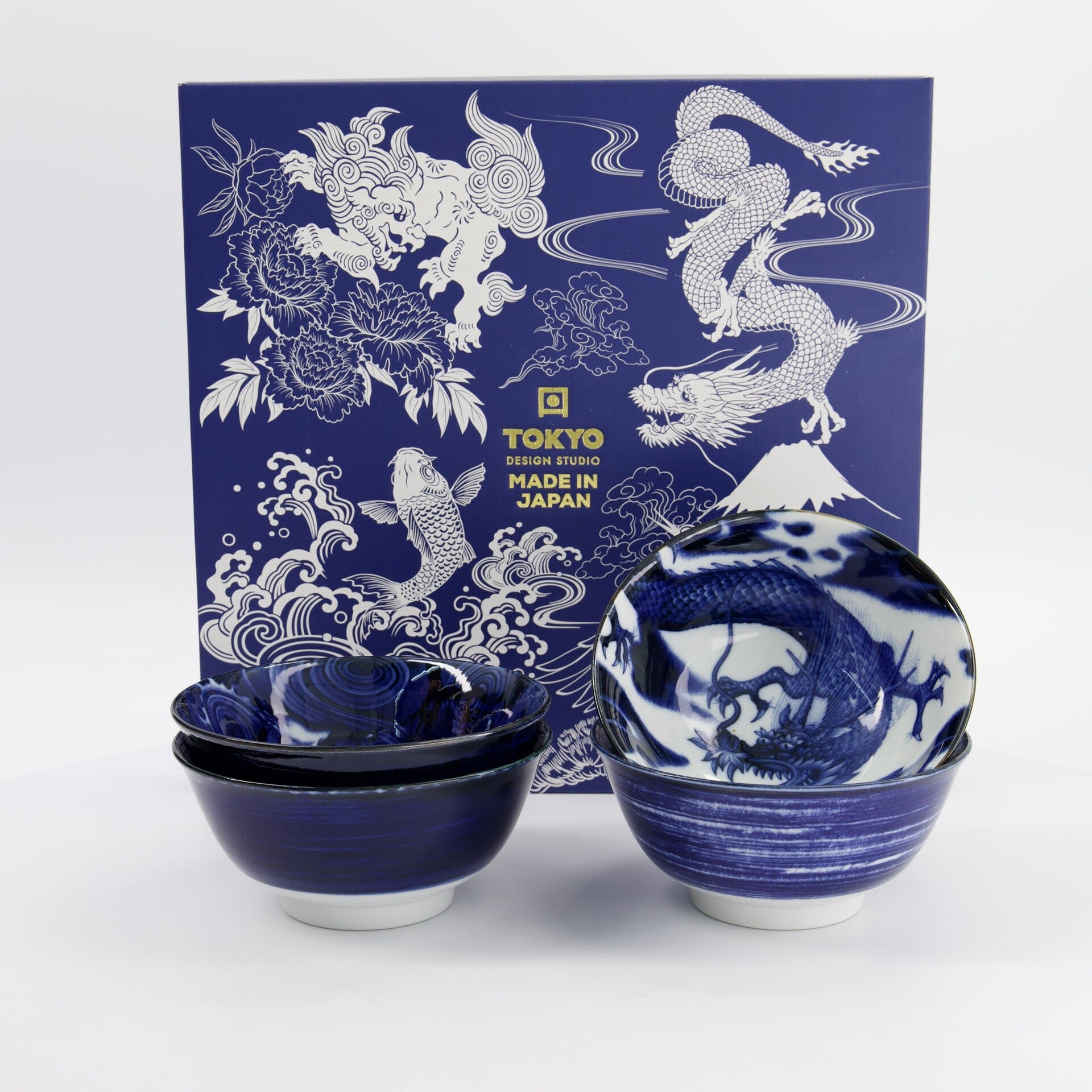 Tokyo Design Studio – Japonism Tayo Kommen Set – 4 Stuks – 550 ml – 14.7 x 6.9 cm – Blauw/Wit – Geschenkdoos,  22013