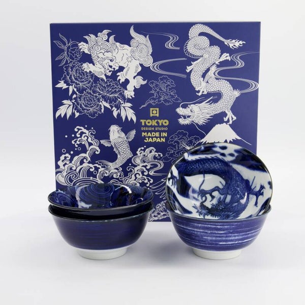 Tokyo Design Studio – Japonism Tayo Kommen Set – 4 Stuks – 550 ml – 14.7 x 6.9 cm – Blauw/Wit – Geschenkdoos,  22013