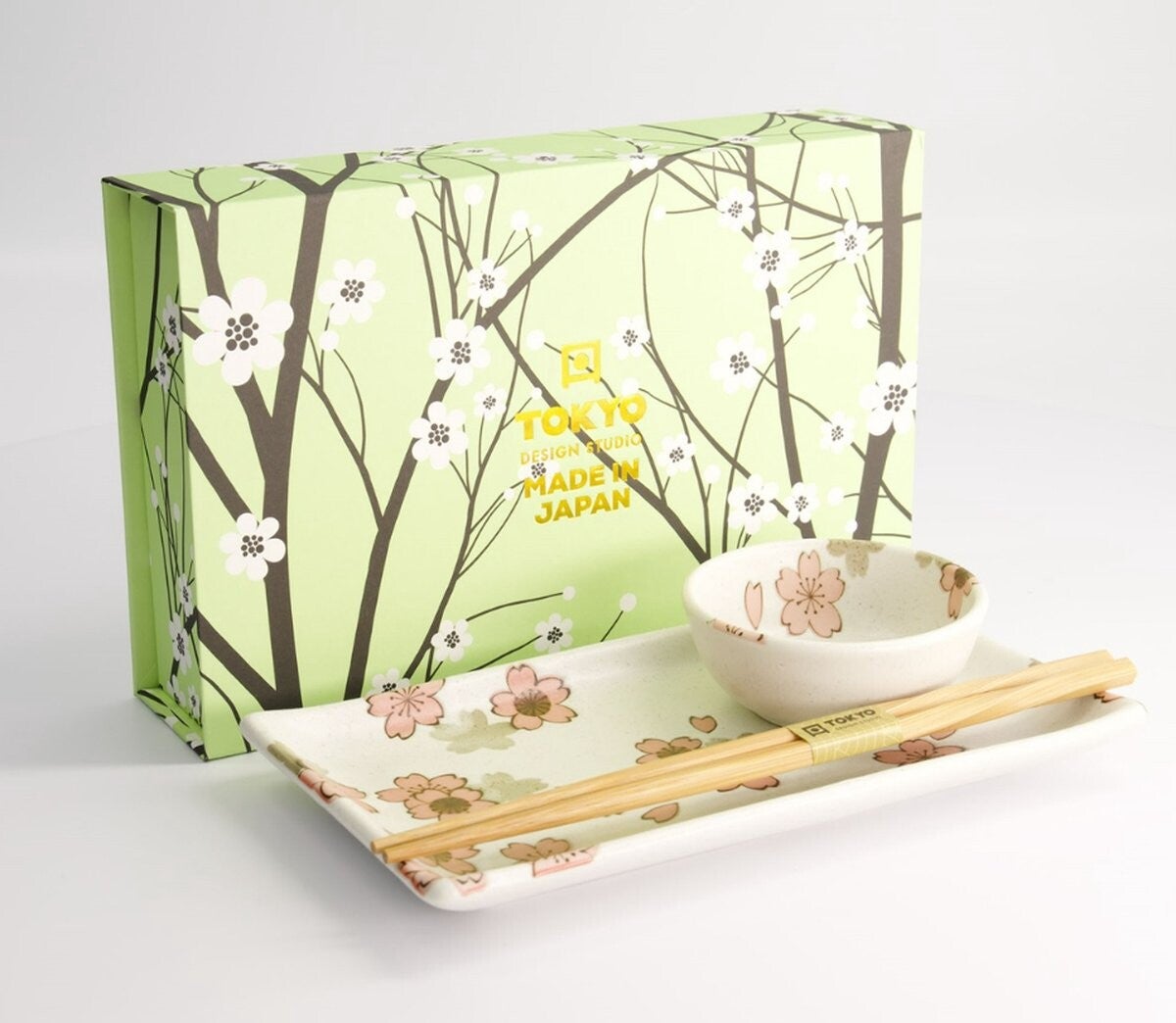 TOKYO DESIGN STUDIO - Sakura White Sushi Set 1 persoons met chopsticks 22.5x12.7cm & 8.6x3.6cm, 22581