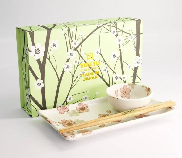 TOKYO DESIGN STUDIO - Sakura White Sushi Set 1 persoons met chopsticks 22.5x12.7cm & 8.6x3.6cm, 22581