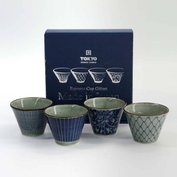 Tokyo Design Studio Mashiko Espresso Kopjes Giftset - 4-delig - 160 ml - Blauw/Wit, 34020