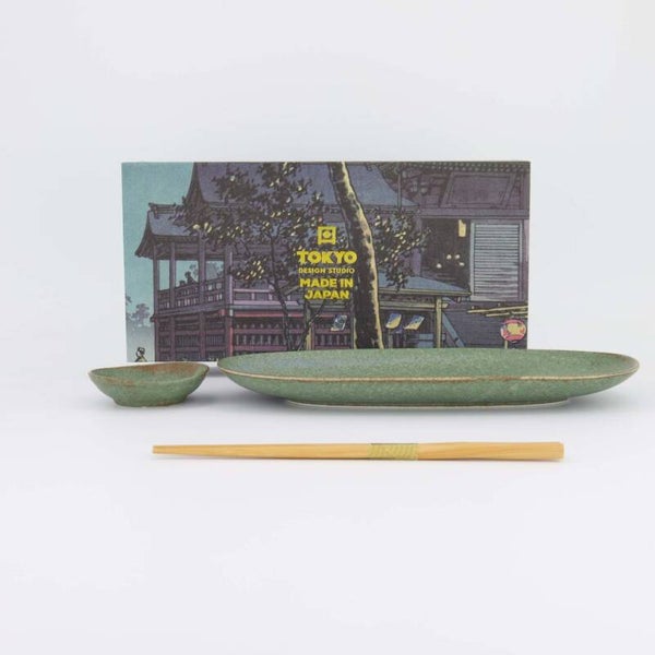 Tokyo Design Studio - Vert Sauge Sushi Giftset 2pcs w/ chopsticks 28.5x12.5cm & 8.3x2.3cm - (Oval Plate)  619472