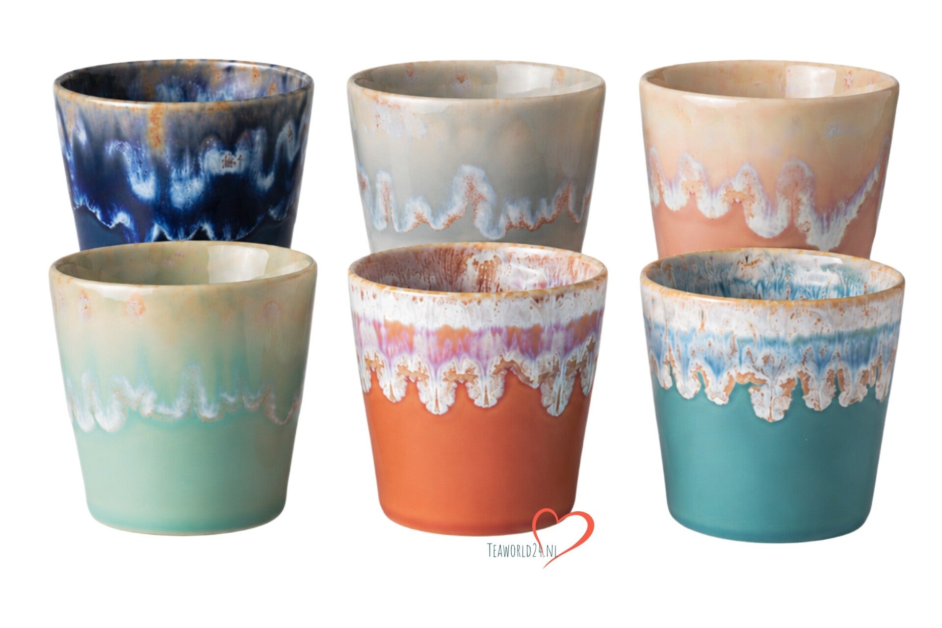 Costa Nova - Grespresso servies - 6 Lungo kopjes - Roze-Grijs-Azur-Red-Wit -Turquoise - aardewerk - H 7,5 cm, 5949-6