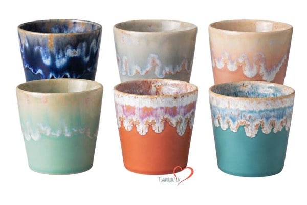 Costa Nova - Grespresso servies - 6 Lungo kopjes - Roze-Grijs-Azur-Red-Wit -Turquoise - aardewerk - H 7,5 cm, 5949-6