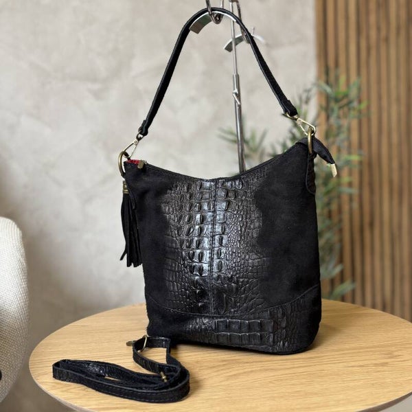 Torebka VERA PELLE 26-027 CROCO zamsz  CZARNA