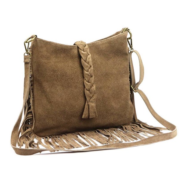 Torebka VERA PELLE 25-073 ZAMSZ FRĘDZLE TAUPE
