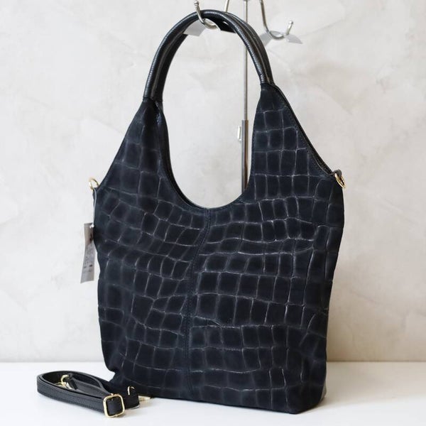 Torebka VERA PELLE 26-013 CROCO ZAMSZ CZARNA