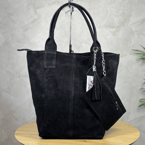 Torebka worek VERA PELLE 26-026 zamsz CZARNA