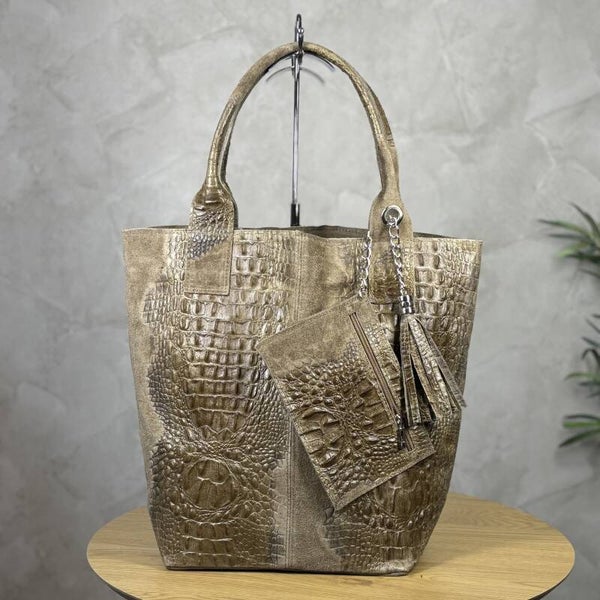 Torebka worek VERA PELLE 26-026 CROCO TAUPE