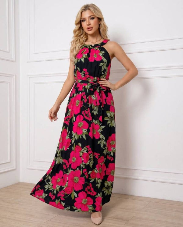 Sukienka MISS SARA MAXI BIG RED FLOWERS