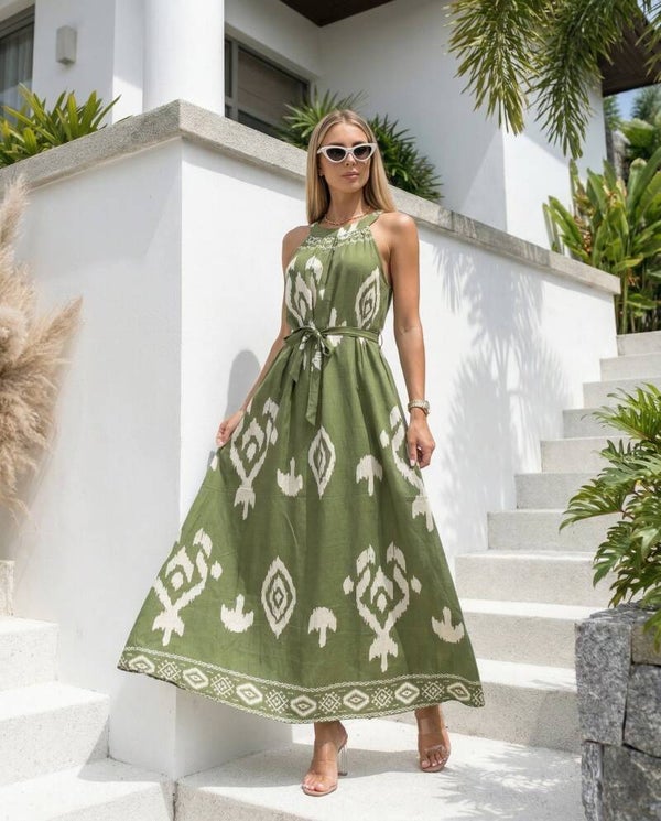 Sukienka MISS SARA MAXI SIMPLE KHAKI