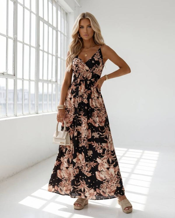 Sukienka MISS SARA SLIM BEIGE FLOWERS