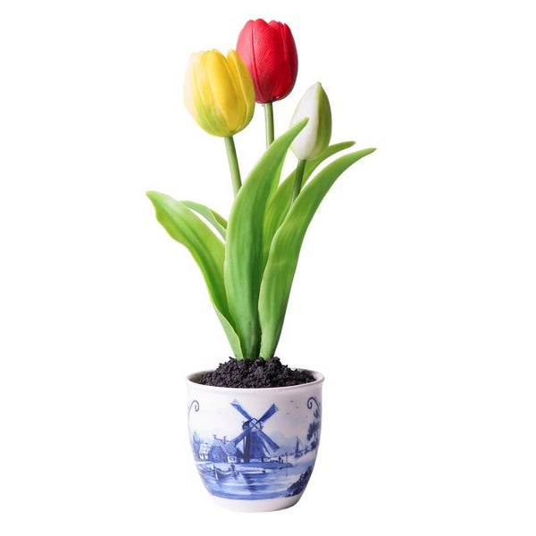 Heinen Delfts Blauw Bloempot Molen met Tulpen