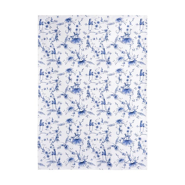 Heinen Delfts Blauw Theedoek Aapjes Wit