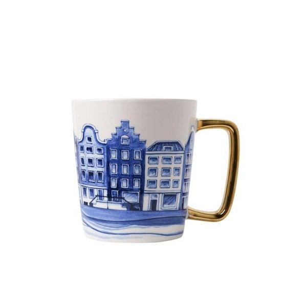Heinen Delfts Blauw Mok Huisjes Goud